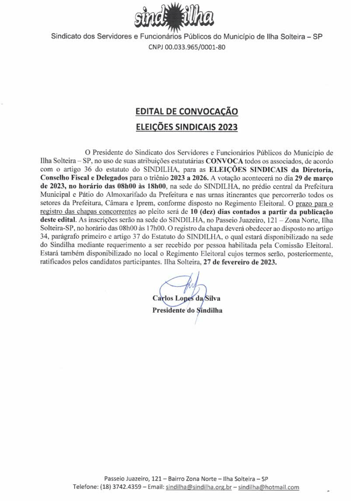 edital sindilha eleicoes sindicais 2023